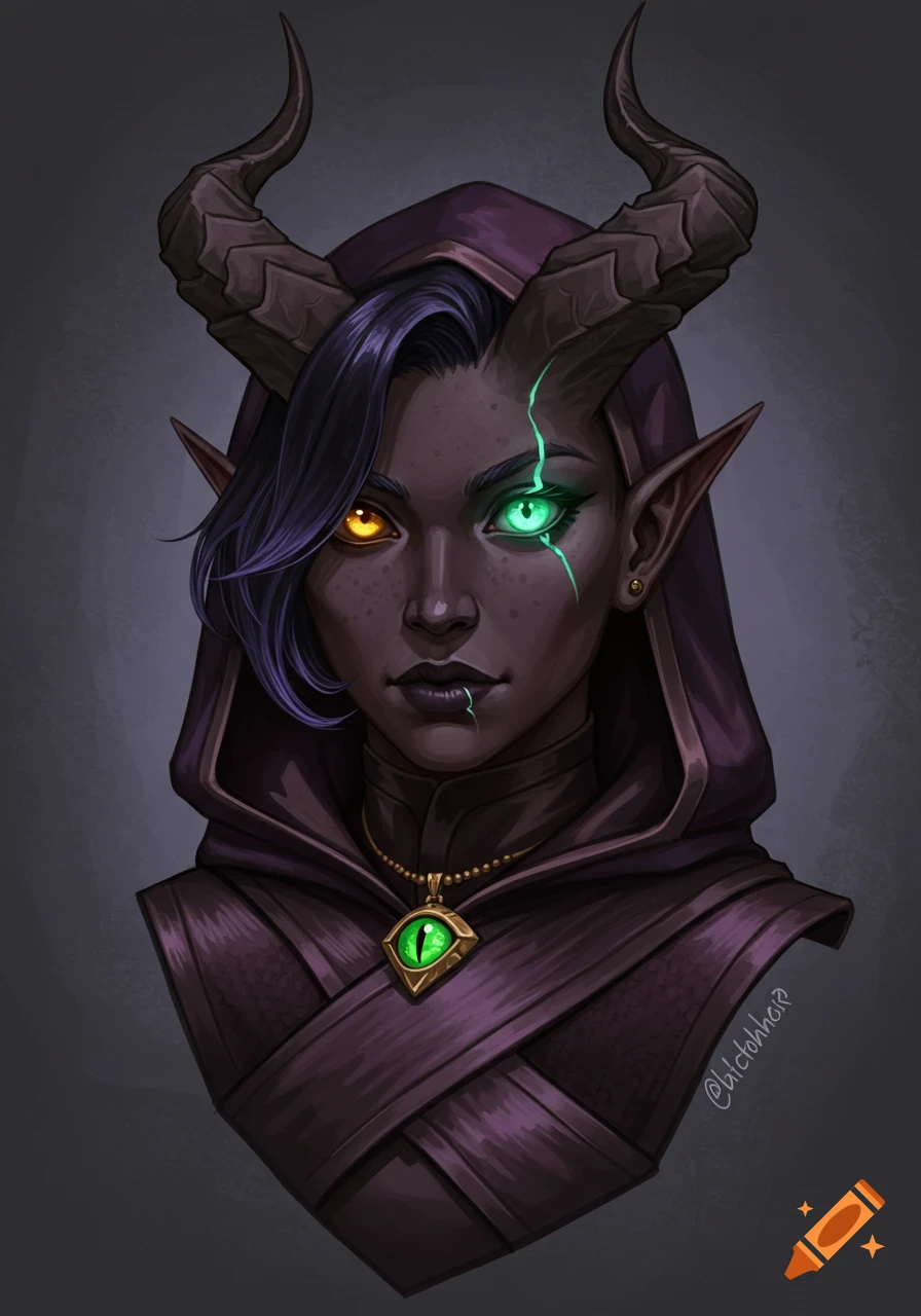 A dark-skinned tiefling rogue with horns, gold and glowing green eyes, and a hooded cloak.