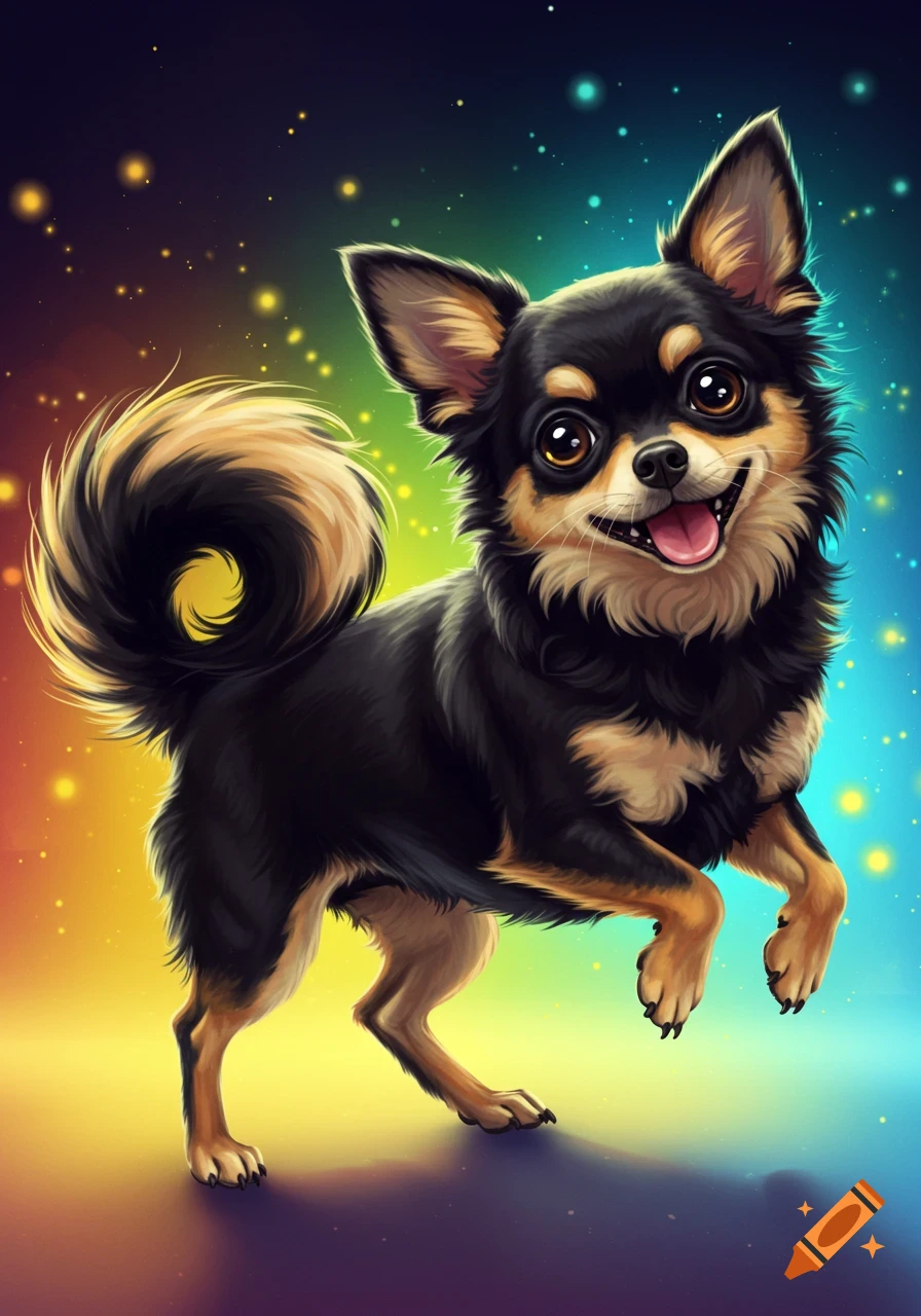 A black and tan Chihuahua dancing on a colorful background.