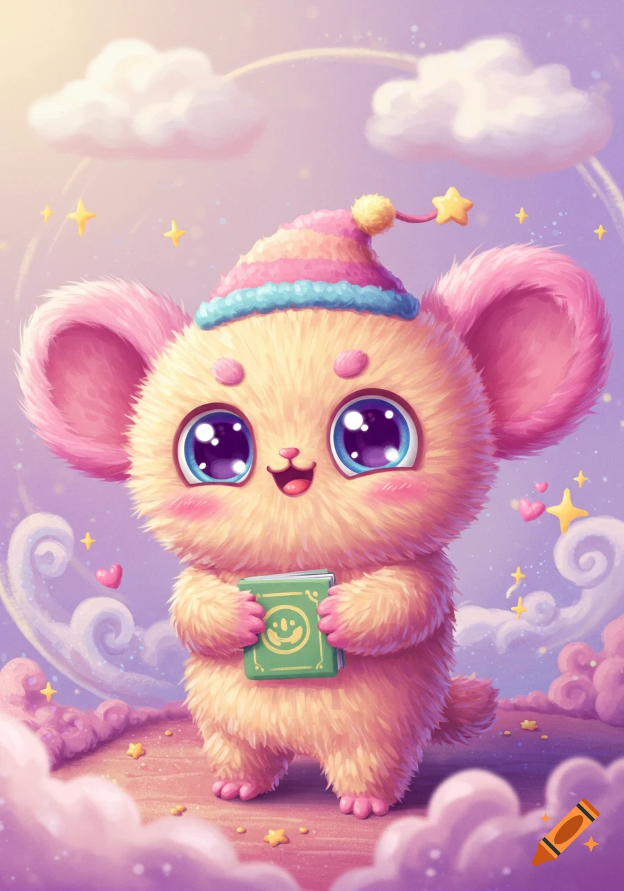 Cute fluffy creature with big eyes wearing a striped hat, holding a green book with a smiley symbol in a dreamy setting with clouds and stars.