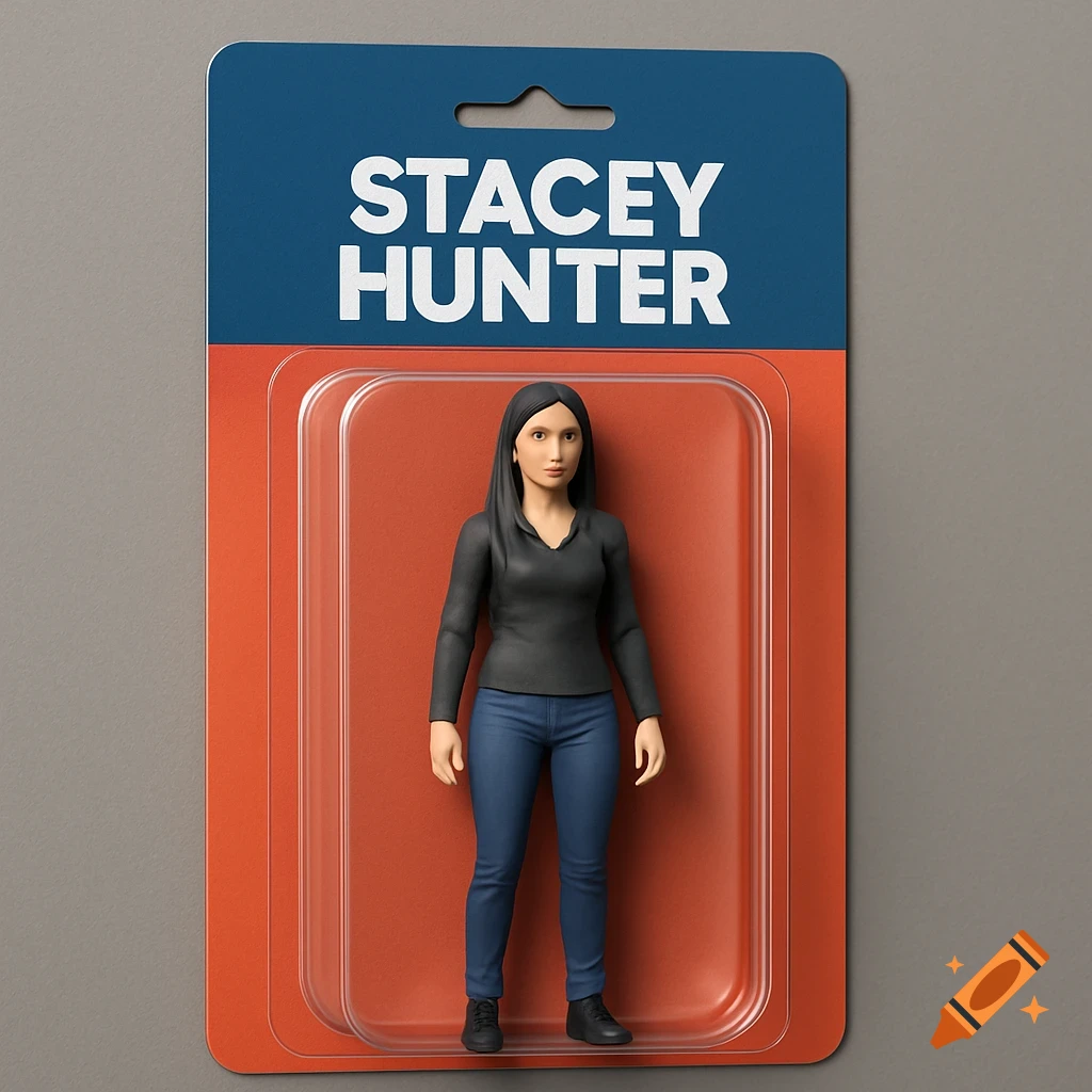 Action figure toy of a woman with dark hair in blister packaging with the text Stacey Hunter.