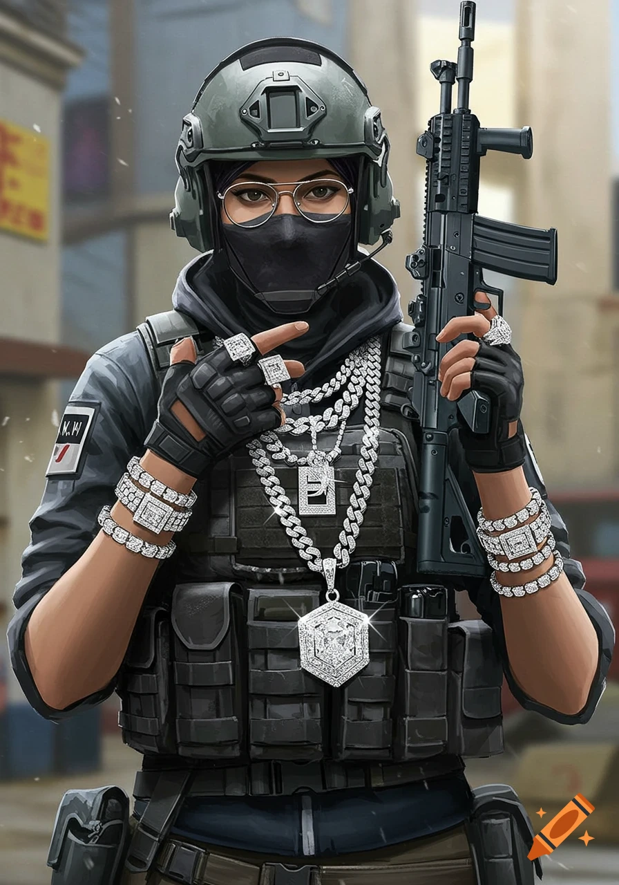 A tactical operator is depicted wearing iced-out jewelry and holding a rifle.