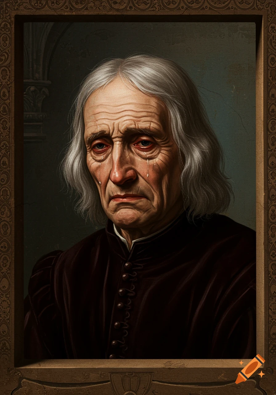 A sad old man in a dark renaissance-style portrait frame, tears on his cheeks.