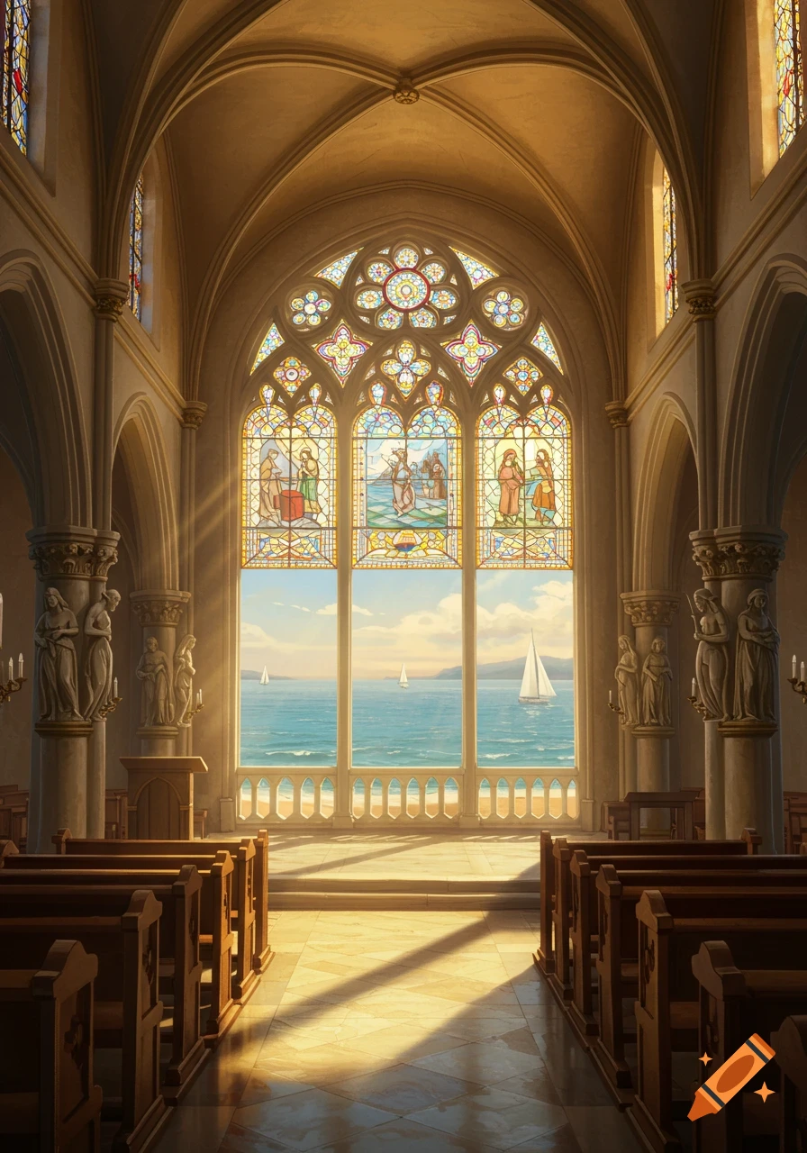 Interior of a church with pews, looking out through a large stained glass window at the sea and sailboats.