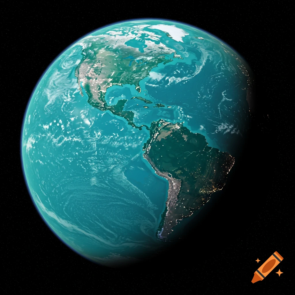 A digital rendering of Earth from space, showing the Americas with city lights visible on the night side.