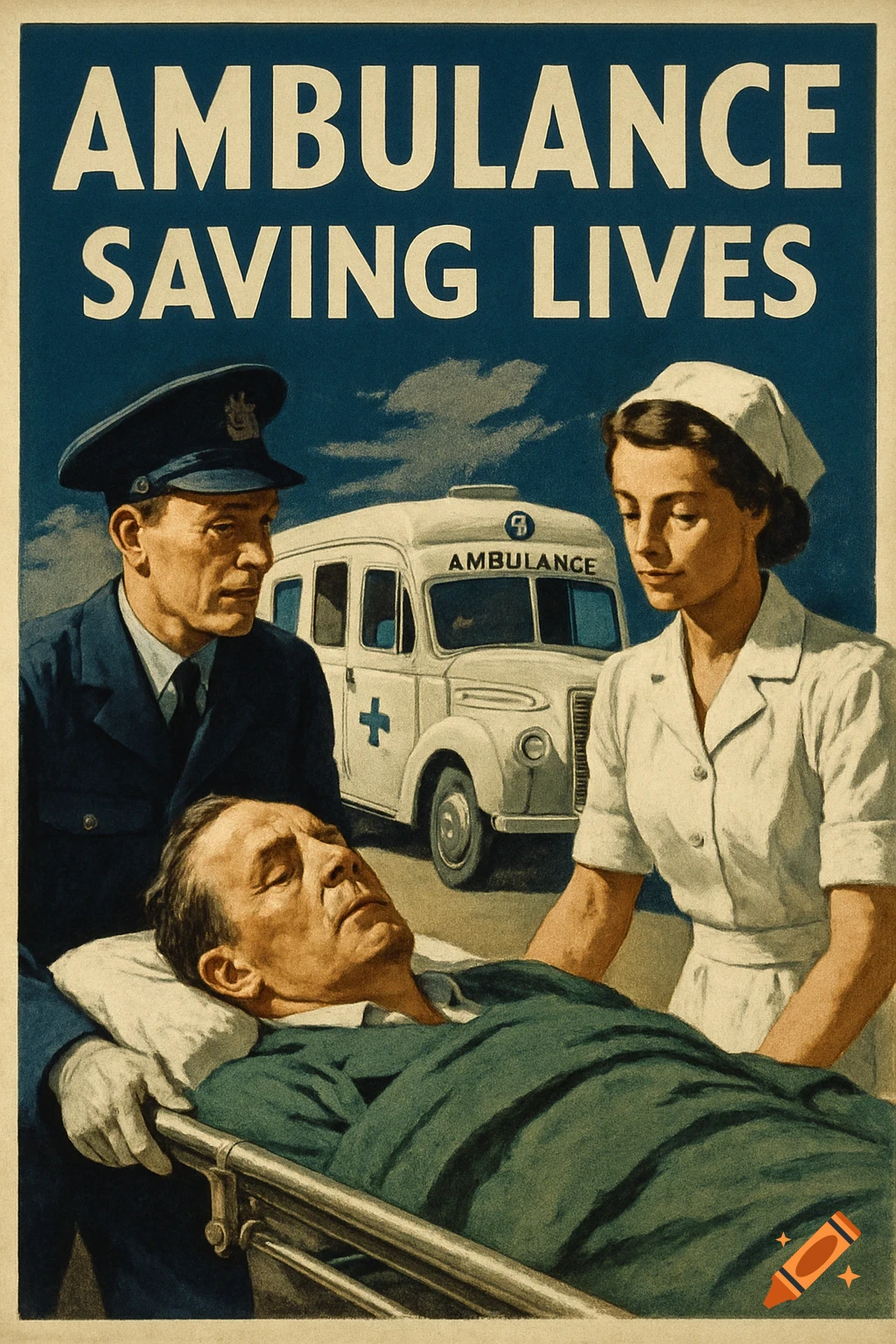 Vintage poster of medical workers with a patient on a stretcher and ambulance, text 'AMBULANCE SAVING LIVES'.