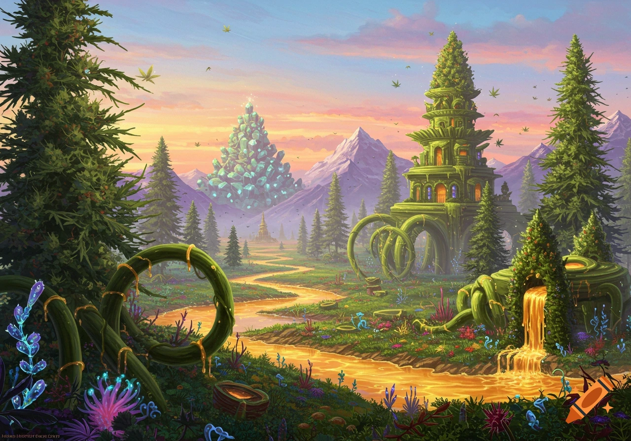 A fantasy landscape with structures and plants resembling cannabis.