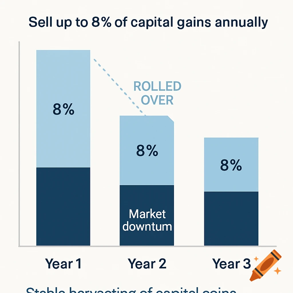 Chart illustrating selling capital gains annually over 3 years with 8% limit and rollover strategy.