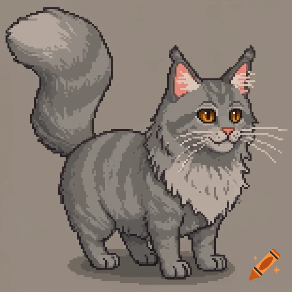A grey Maine Coon cat in pixel art style.