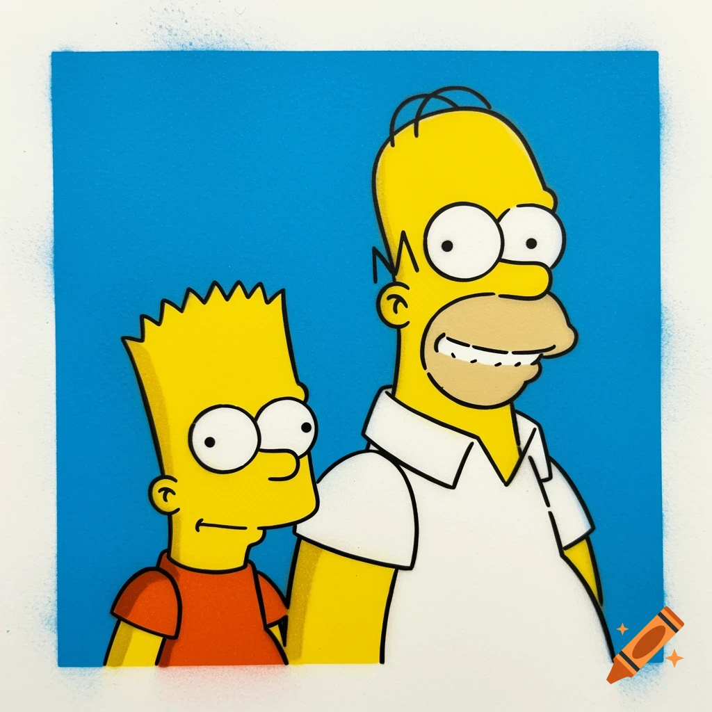 Bart and Homer Simpson in a graphic stencil art style against a blue background.