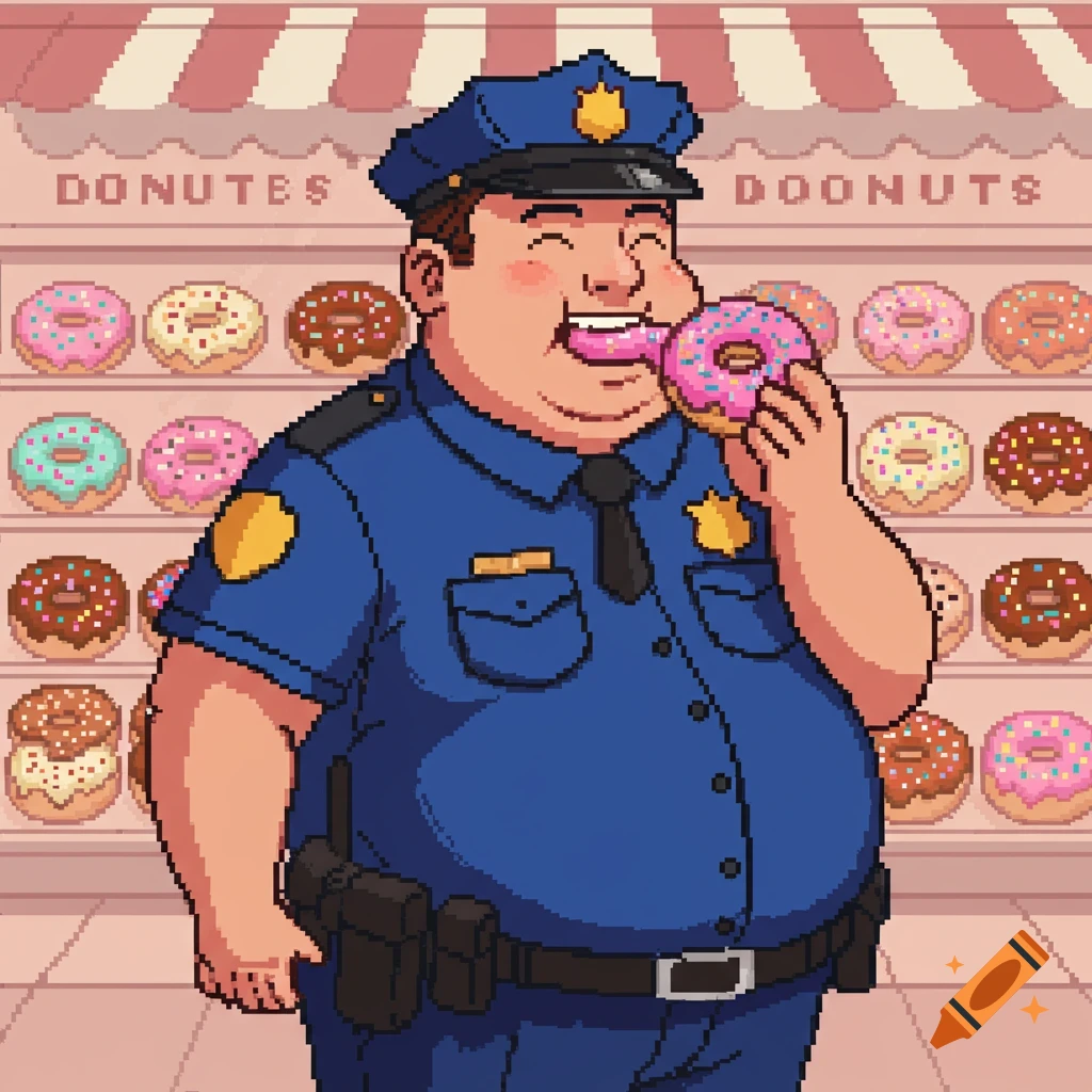 Pixel art illustration of a fat police officer eating a donut in a donut shop.