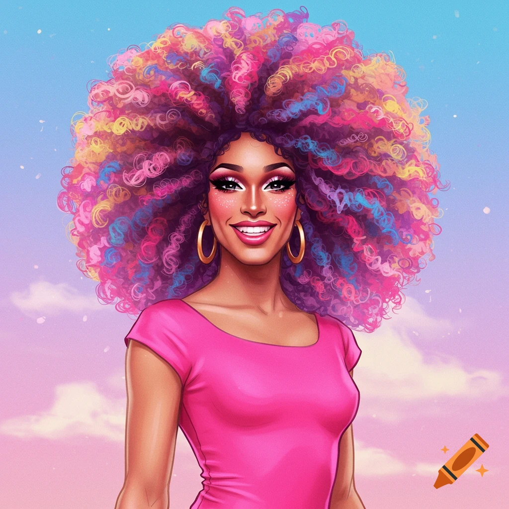 Portrait of a person with large, multi-colored curly hair and bright makeup, wearing a pink top.