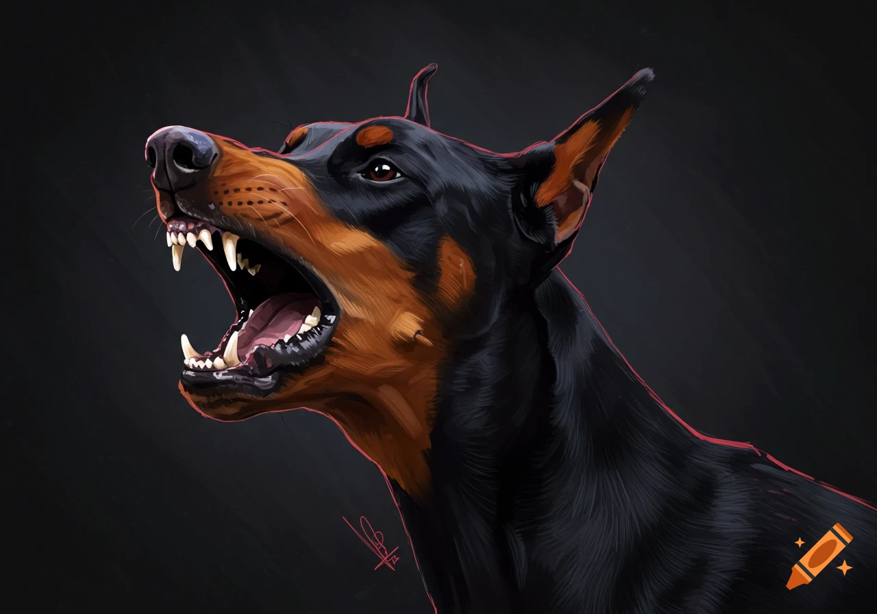 A barking Doberman Pinscher