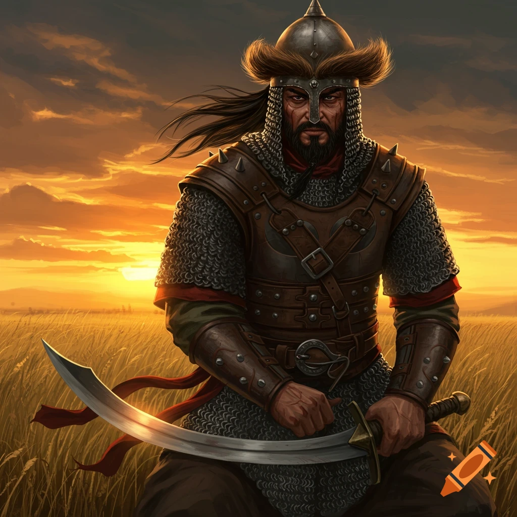 A warrior in armor holds a curved sword at sunset in a field.