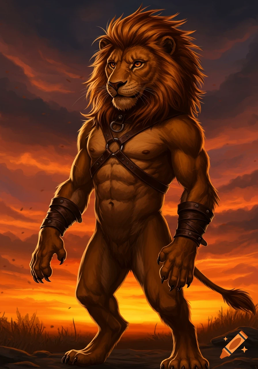 A muscular anthropomorphic lion is standing at sunset.