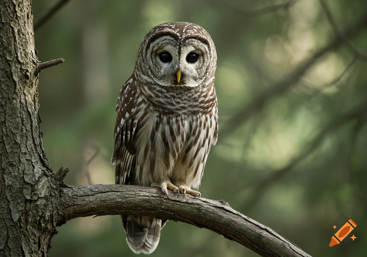 A barred owl perched on a tree branch.