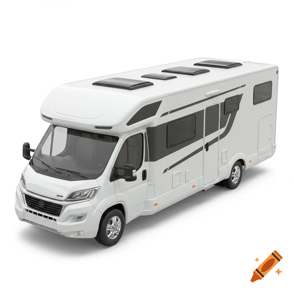 Photorealistic white motorhome on a white background.