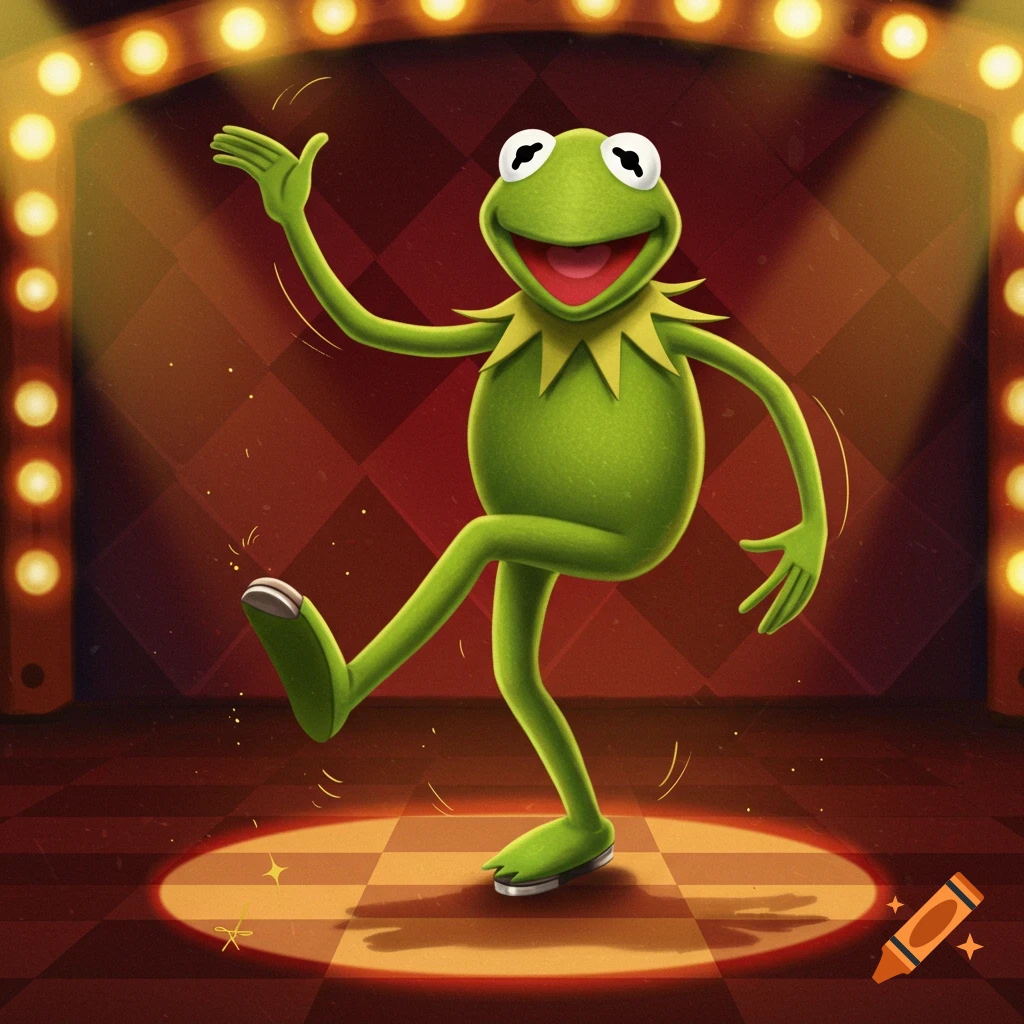Kermit the Frog tap dancing on a stage under spotlights.