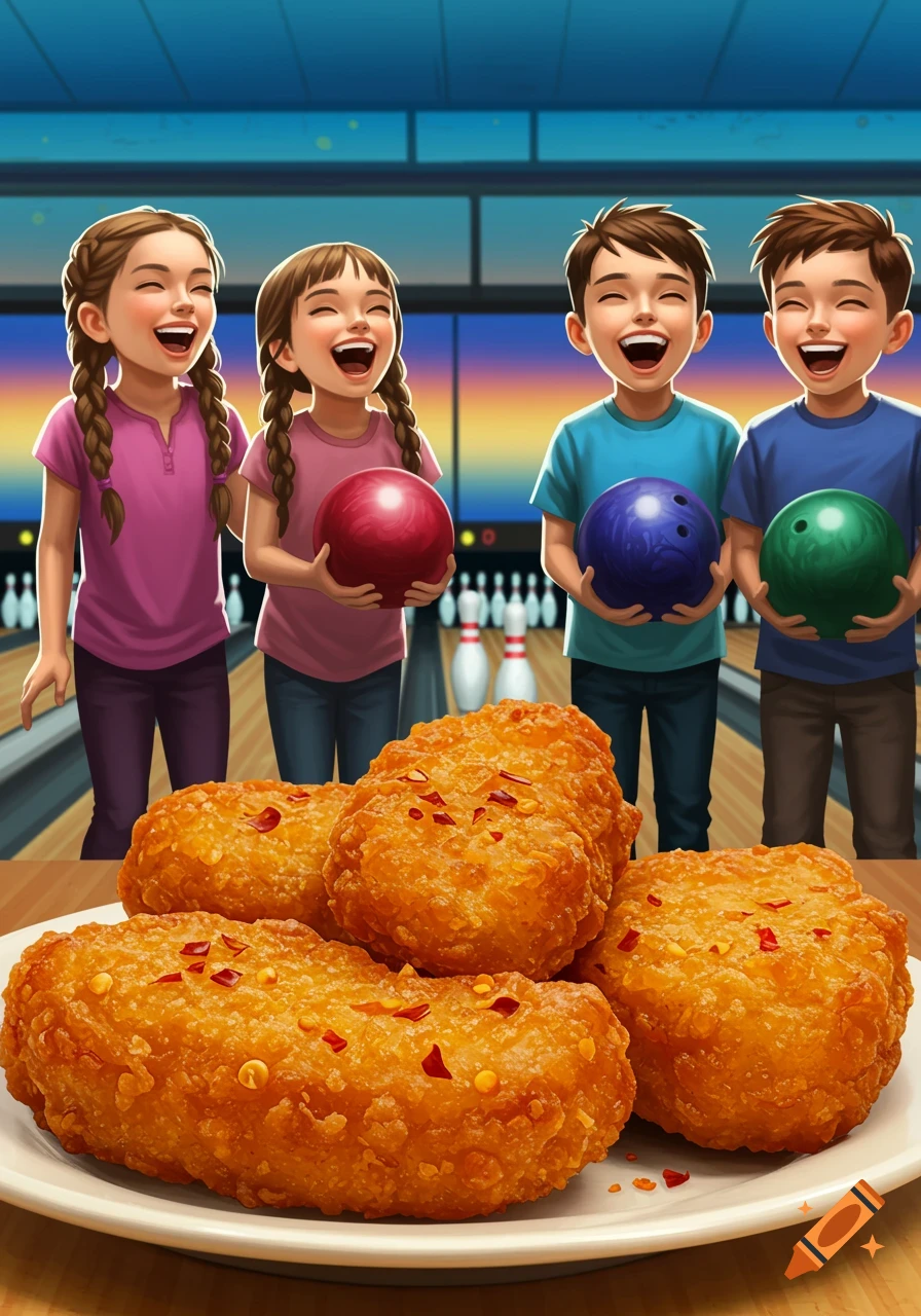 Four happy children holding bowling balls in a bowling alley, with a plate of chicken nuggets in the foreground.