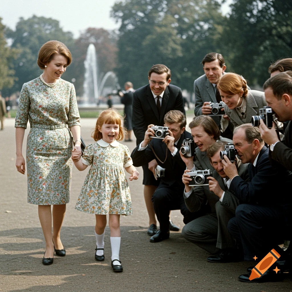 Vintage photo of a woman and girl holding hands as photographers take pictures in a park.