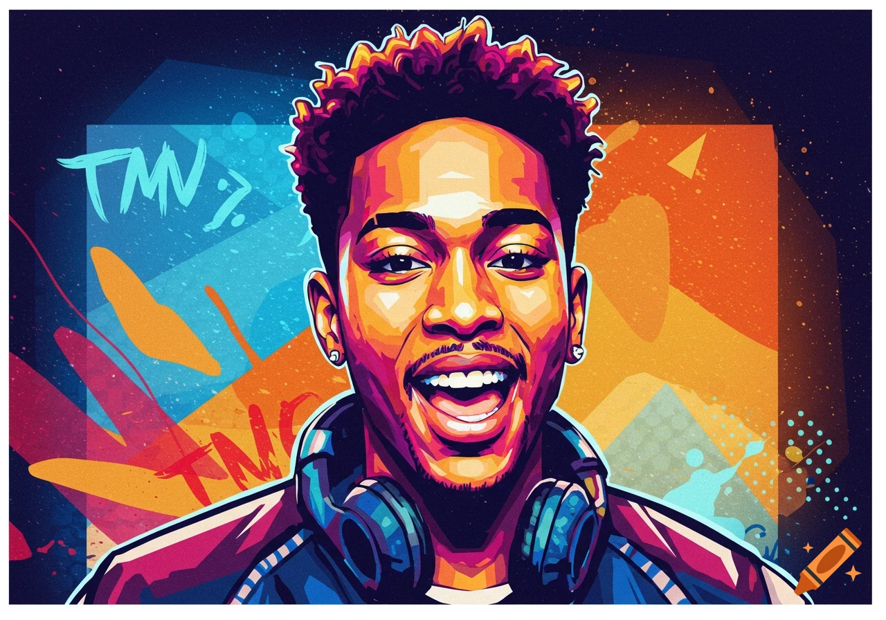 Colorful portrait of a person wearing headphones against a graphic background with text.