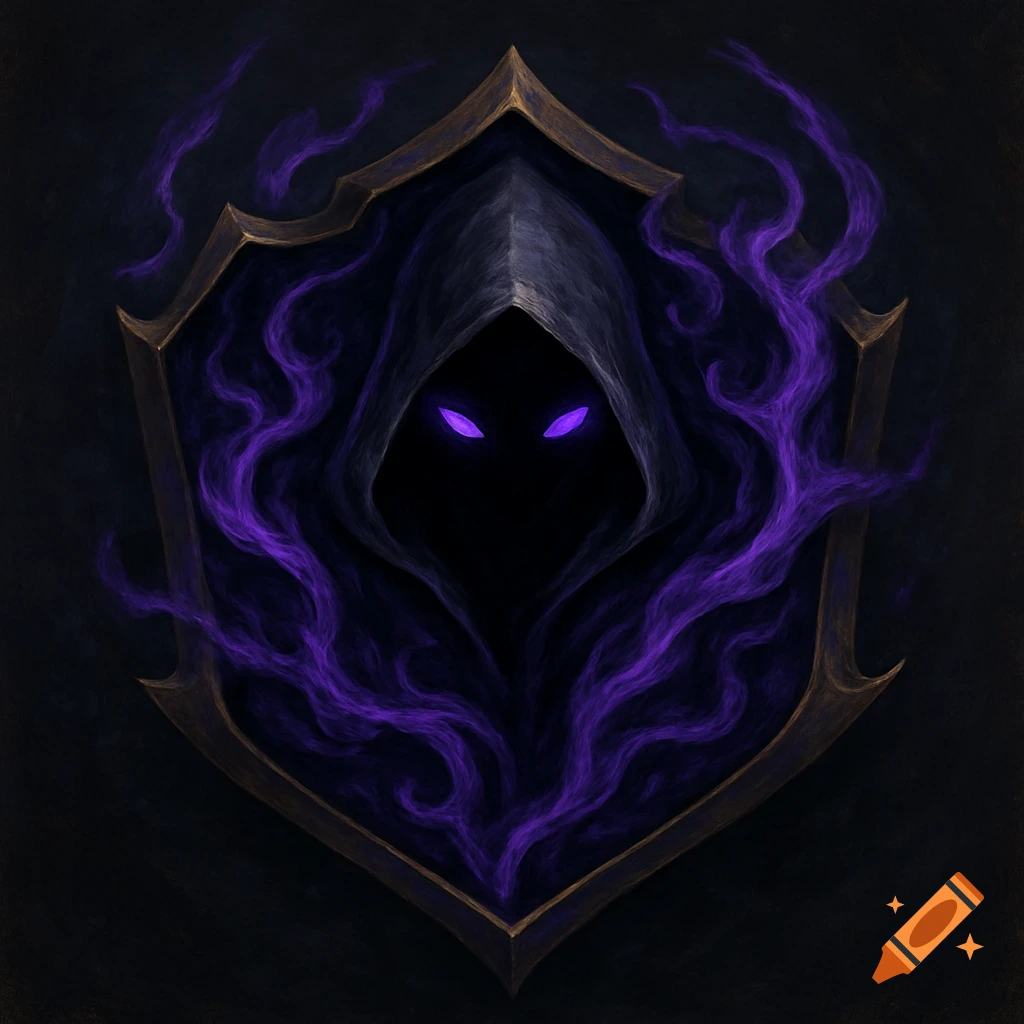 A hooded figure is depicted with glowing purple eyes and purple smoke contained within a golden shield frame.
