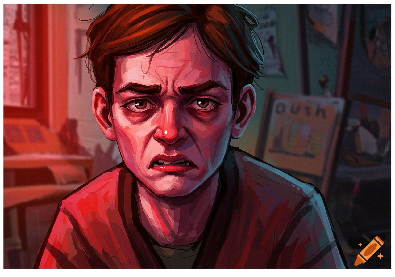 Close-up of a man with a pained expression under red lighting.