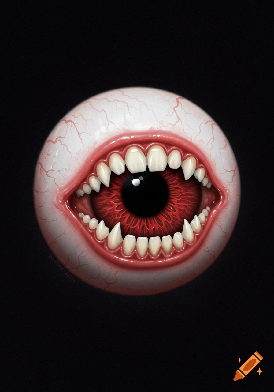 Digital illustration of a bloodshot eyeball with sharp teeth where eyelids should be, on a black background.