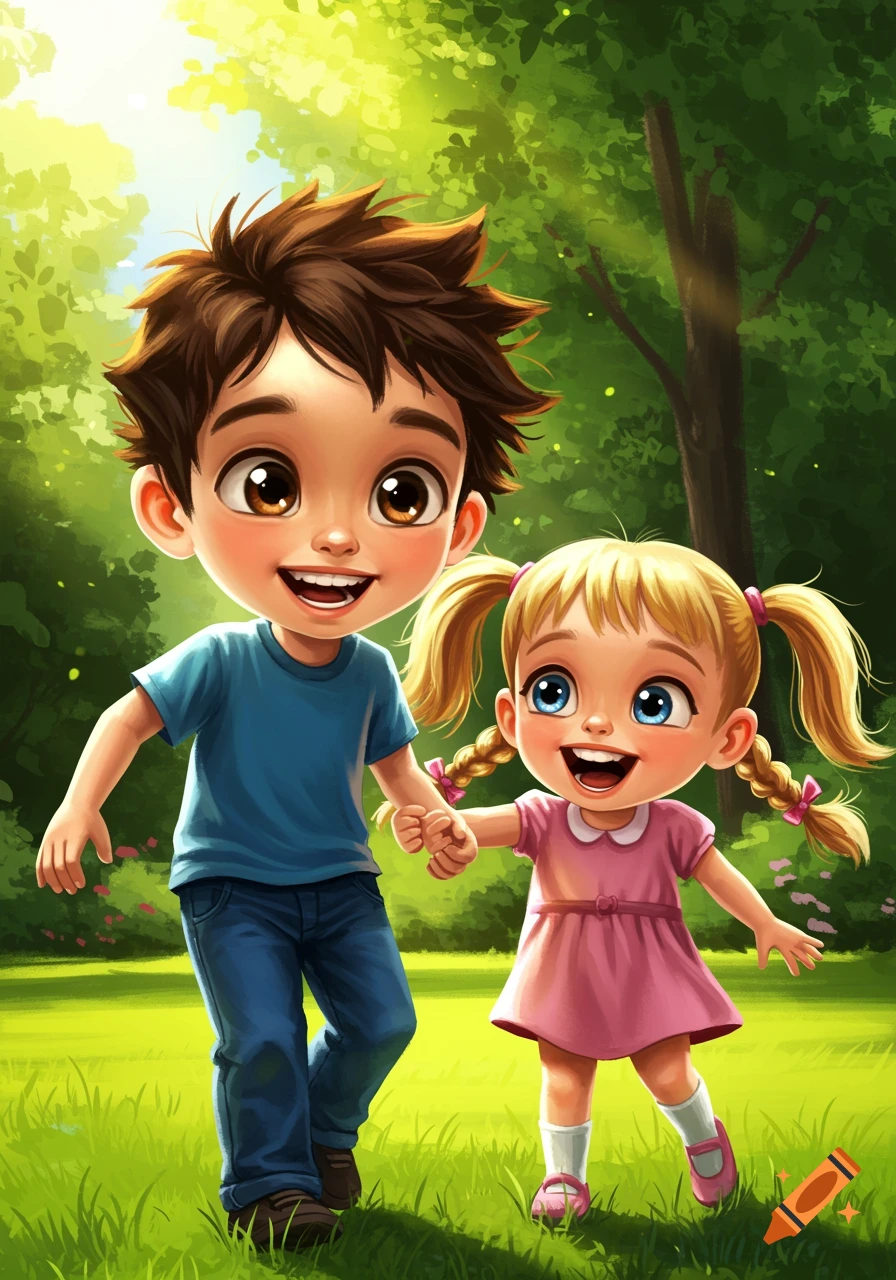 A brother and sister are walking in a sunny park, holding hands and smiling.