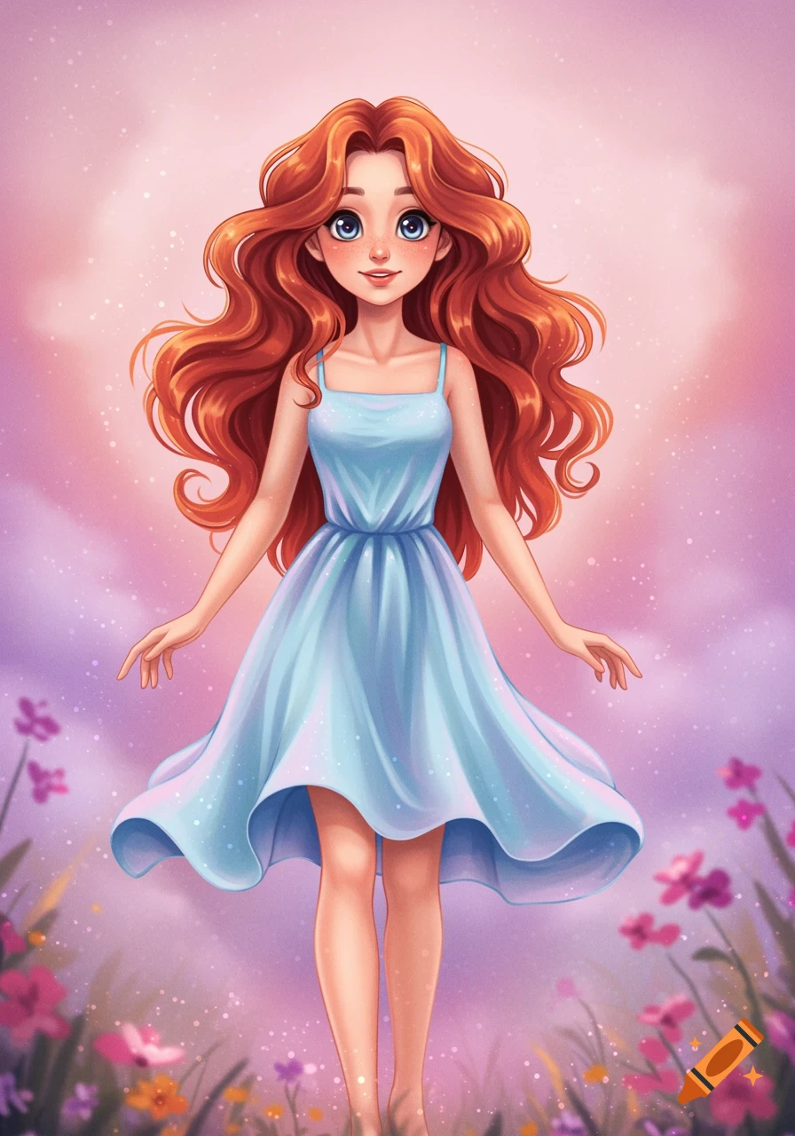 A young girl with long red hair in a blue dress stands in a dreamy field of flowers.