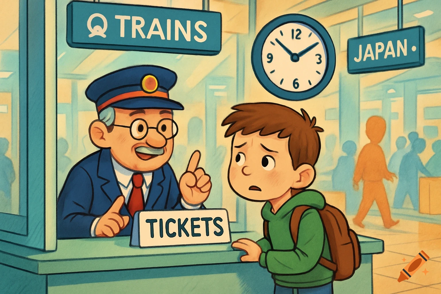 A cartoon boy talks to a train agent at a ticket counter in a busy station.