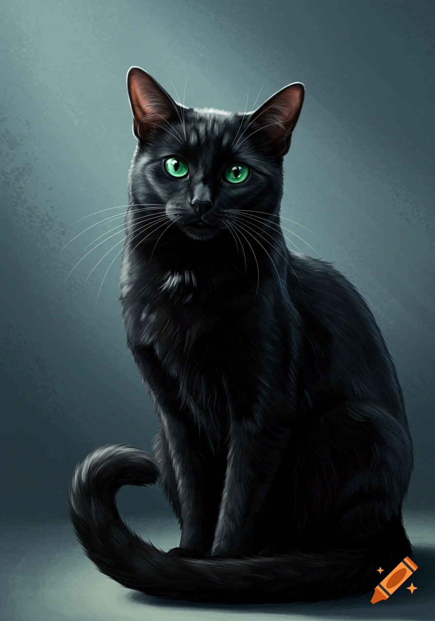 A black cat with green eyes is sitting and looking forward.