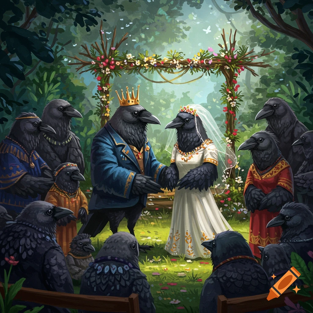 Anthropomorphic crows getting married in a forest clearing.