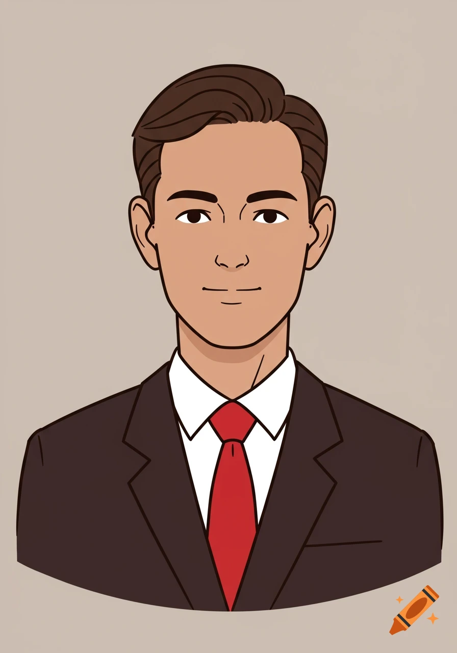 2D illustration of a brown-haired man in a dark suit and red tie.
