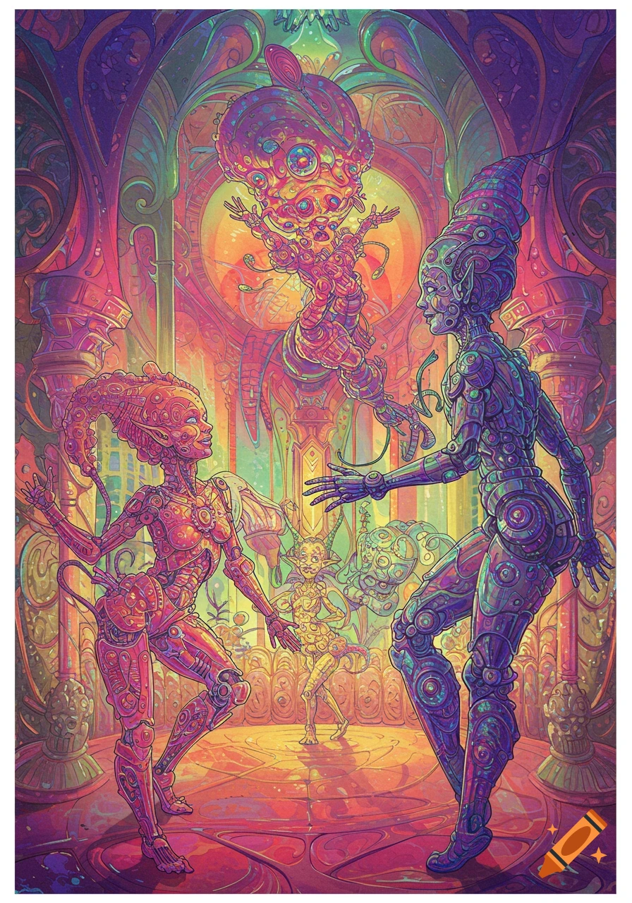 Brightly colored psychedelic depiction of mechanical-like elves in a metallic palace.