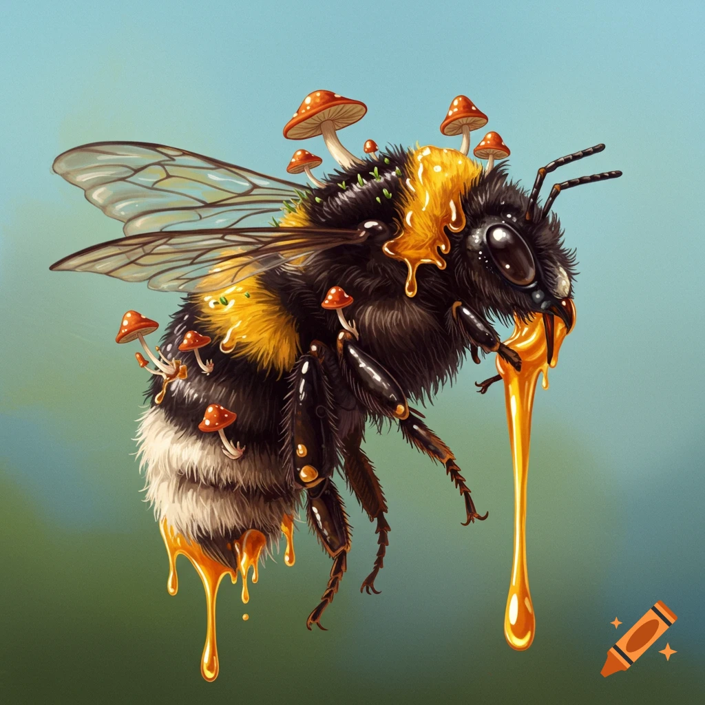 A bumblebee covered in honey and small mushrooms.