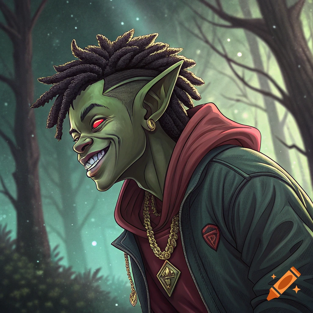 Stylized illustration of a grinning green goblin with dreadlocks, red eyes, and gold chains in a forest.