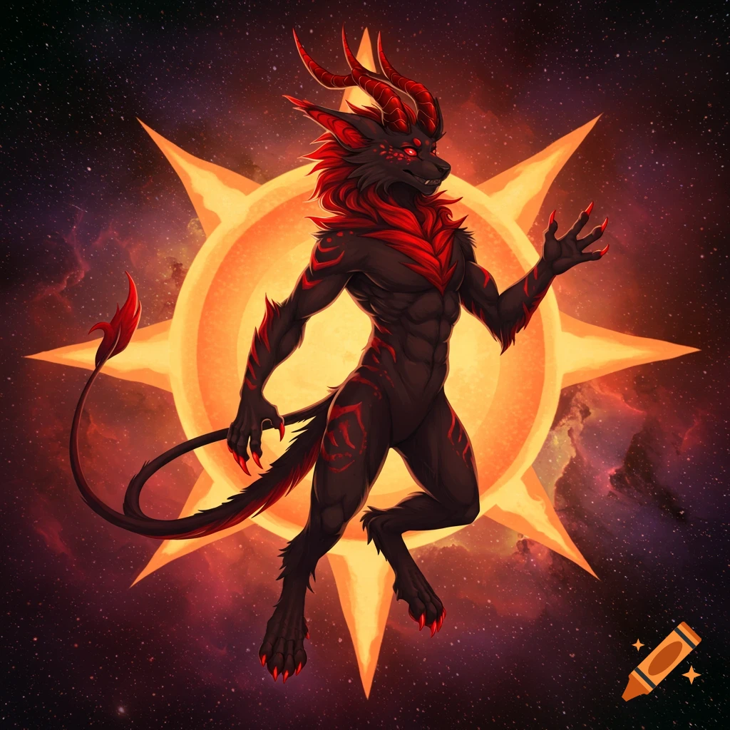 A black and red furry demon creature with horns stands before a stylized sun against a cosmic background.
