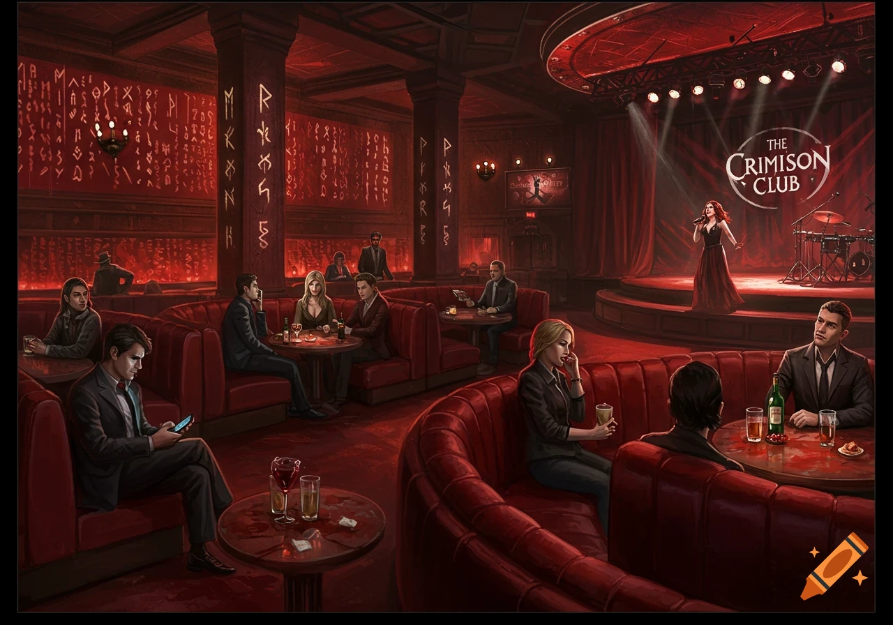 A dark fantasy nightclub called The Crimson Club, with people in red booths, a singer on stage, and runes on the walls.