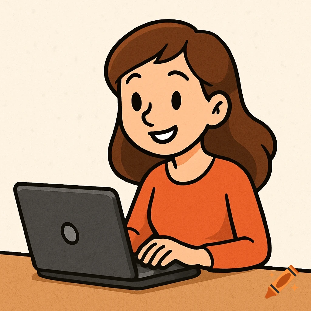 A cartoon illustration of a woman working on a laptop.