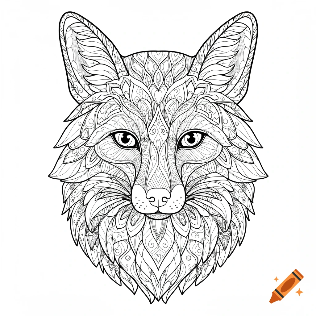 Black and white line drawing of a fox head with intricate patterns for coloring.