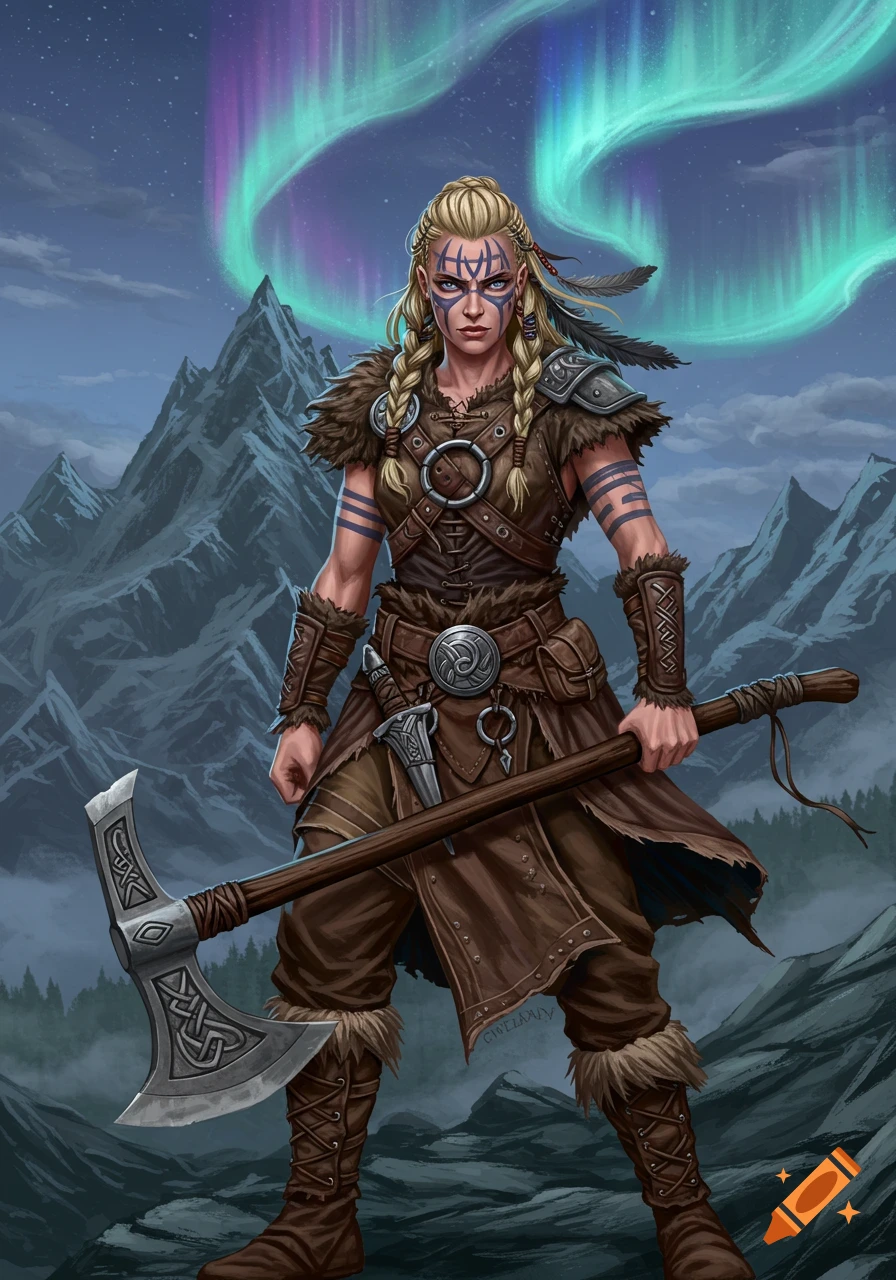 An ice elf warrior with a sword and shield stands in a snowy landscape ...