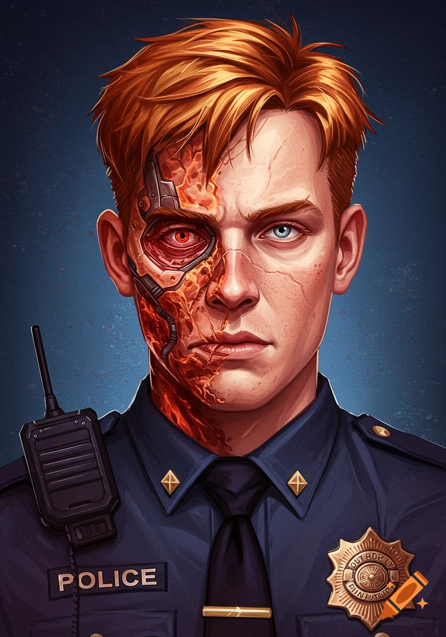 Portrait of a red-haired police officer with cybernetic implants and scars on one side of his face.
