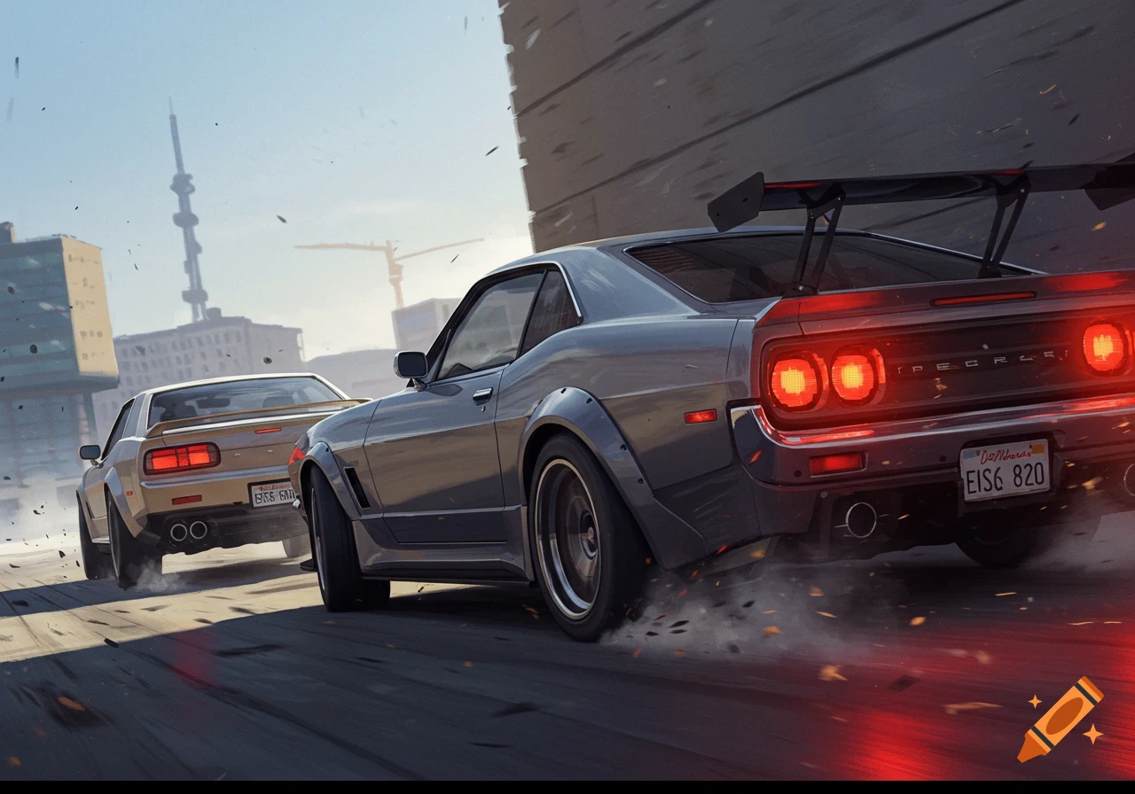 Two modified cars are racing on a city street.