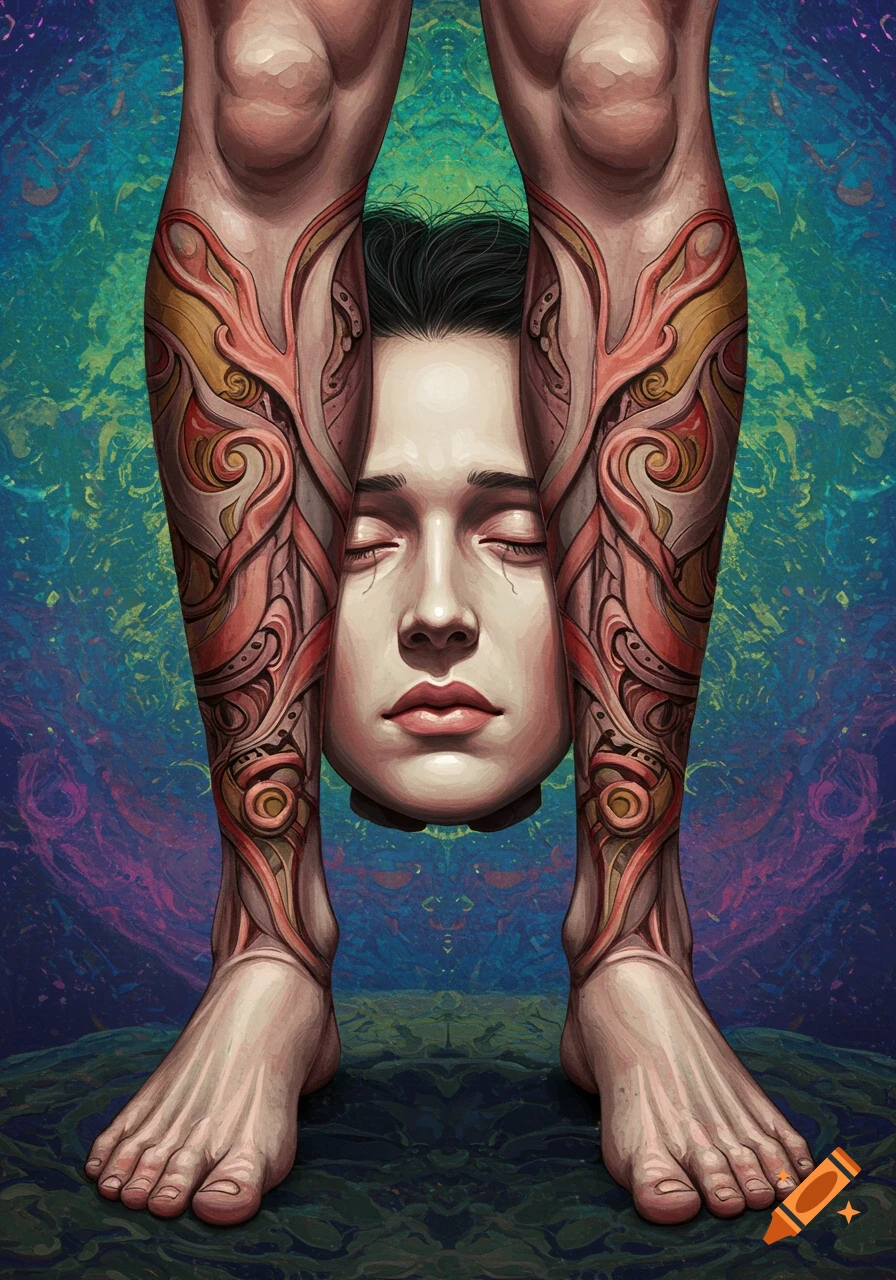 Surreal face between two legs with ornate details.