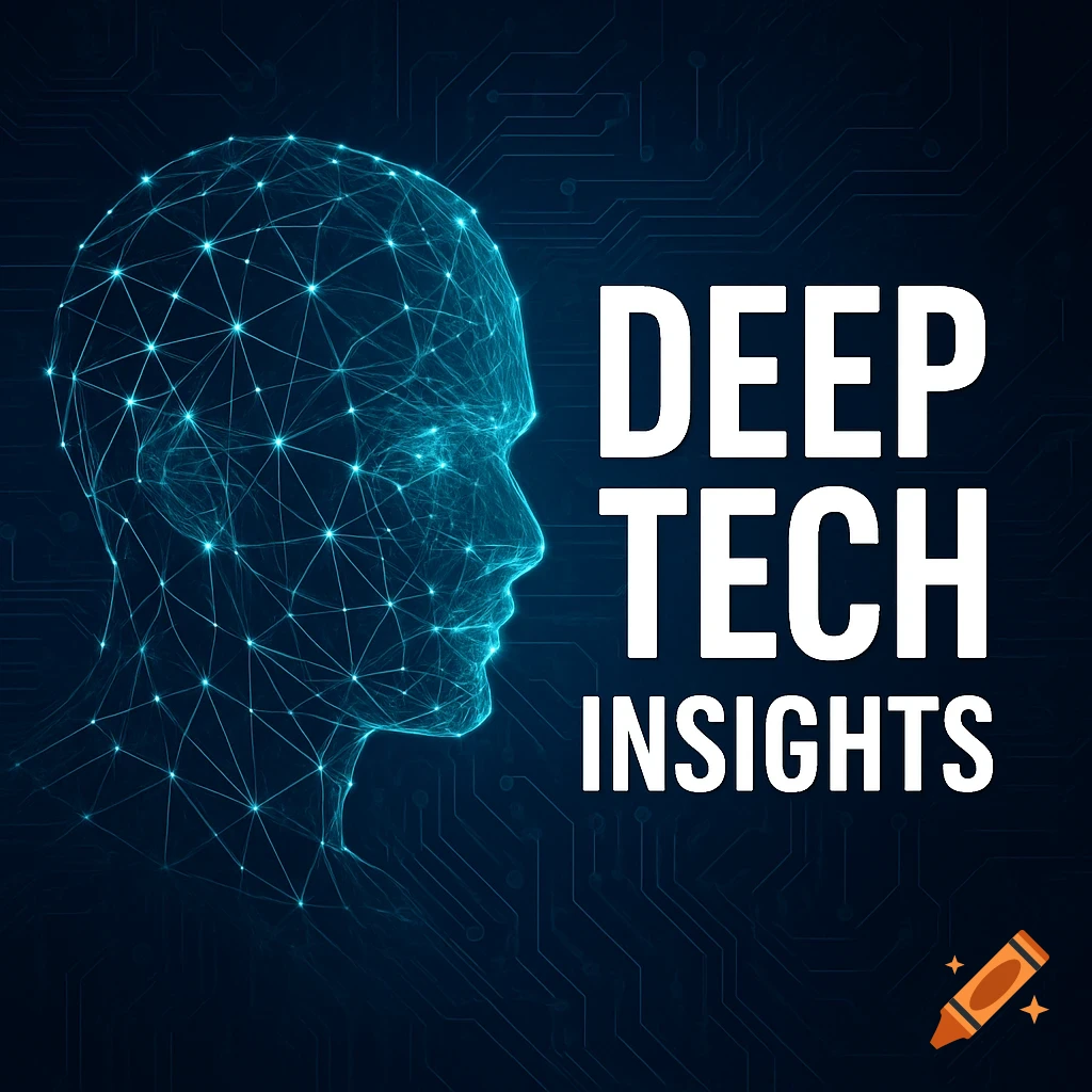 Digital illustration of a glowing wireframe human head and the text 'DEEP TECH INSIGHTS' on a dark circuit board background.