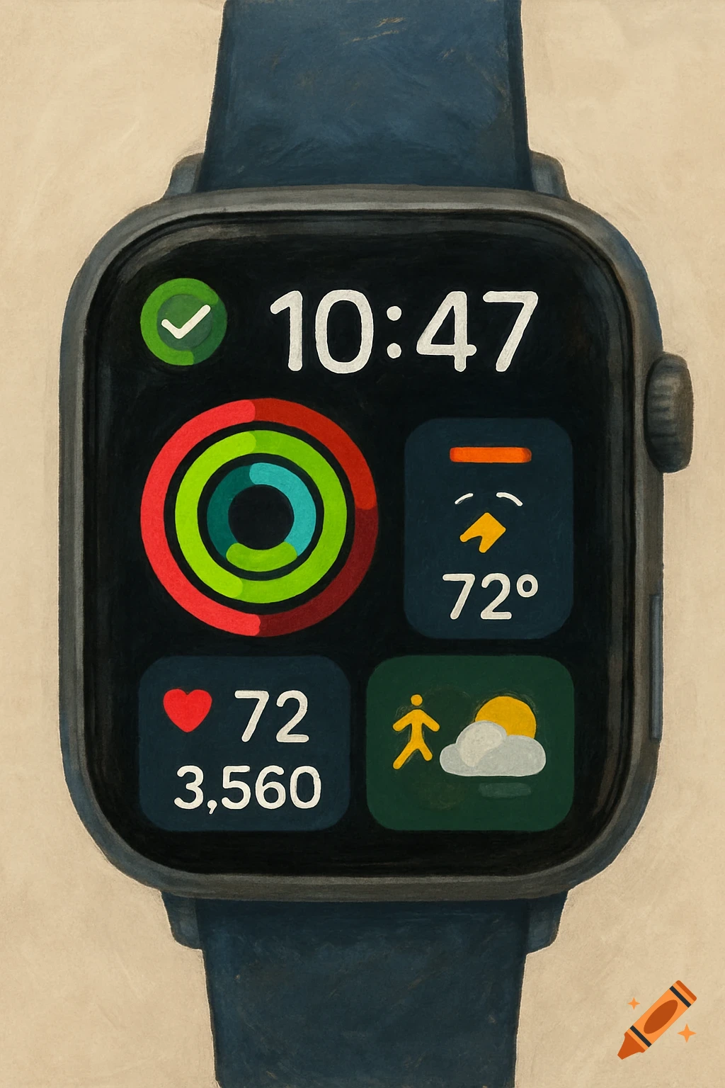 A smartwatch screen displaying time, activity rings, weather, heart rate, and step count.