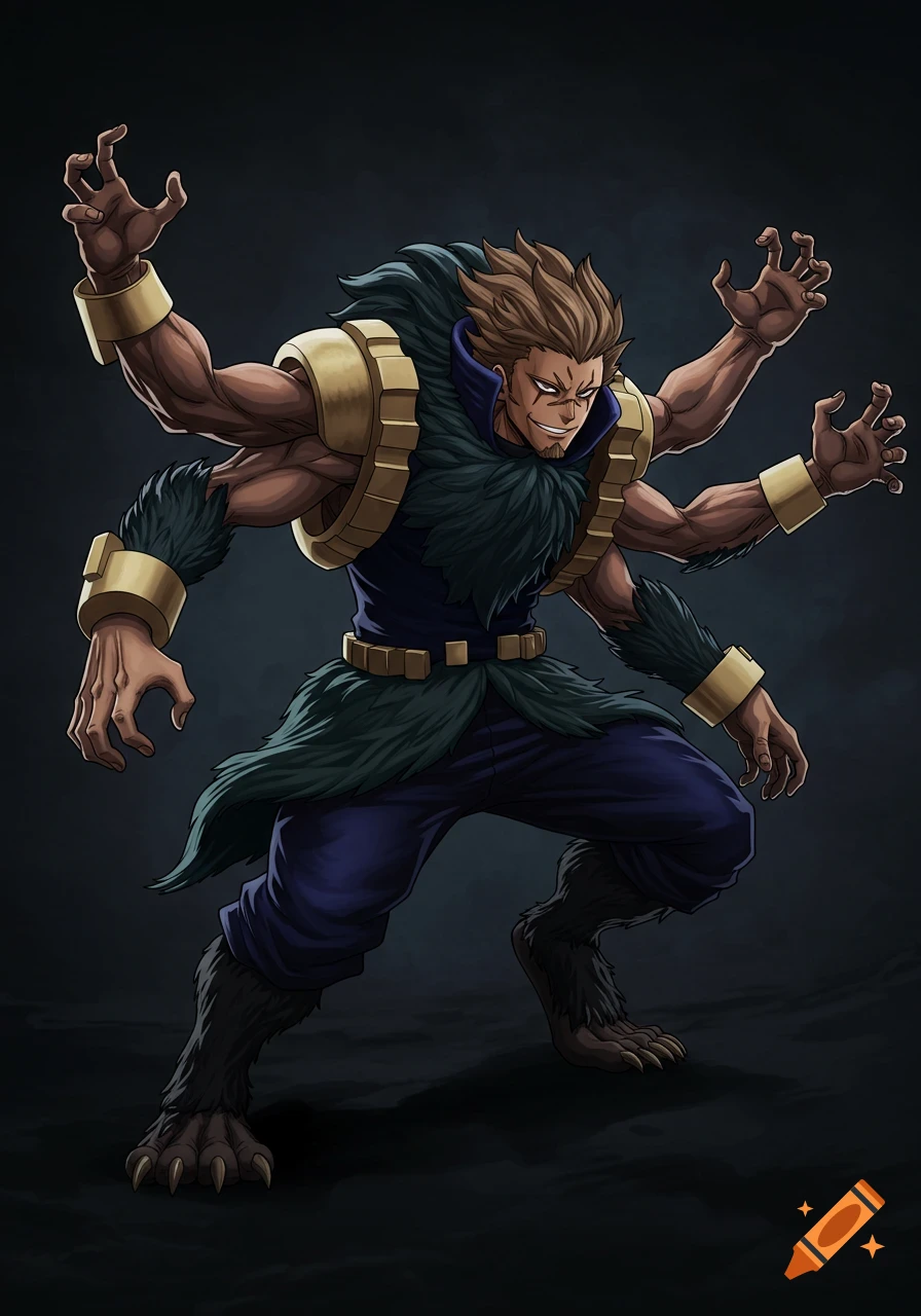 Anime character with multiple arms and beast legs in a dynamic pose.