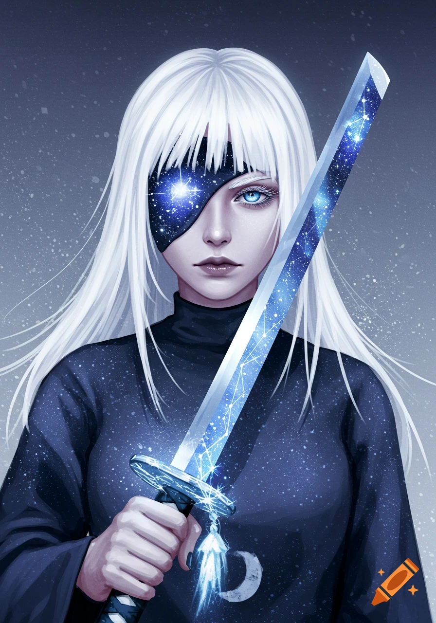 An anime-style illustration of a woman with white hair, a galaxy eyepatch, and a starry sword.