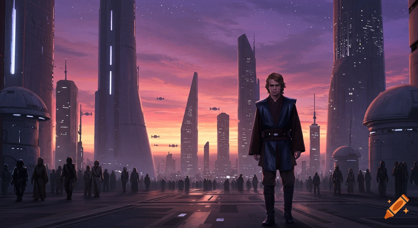 Anakin Skywalker stands in a futuristic city landscape at sunset