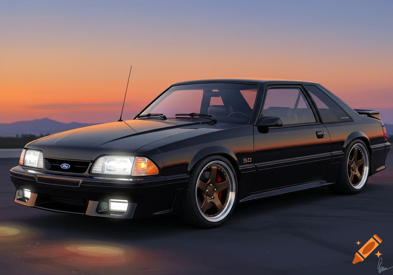 A black 1990 Ford Mustang 5.0 notchback at sunset.
